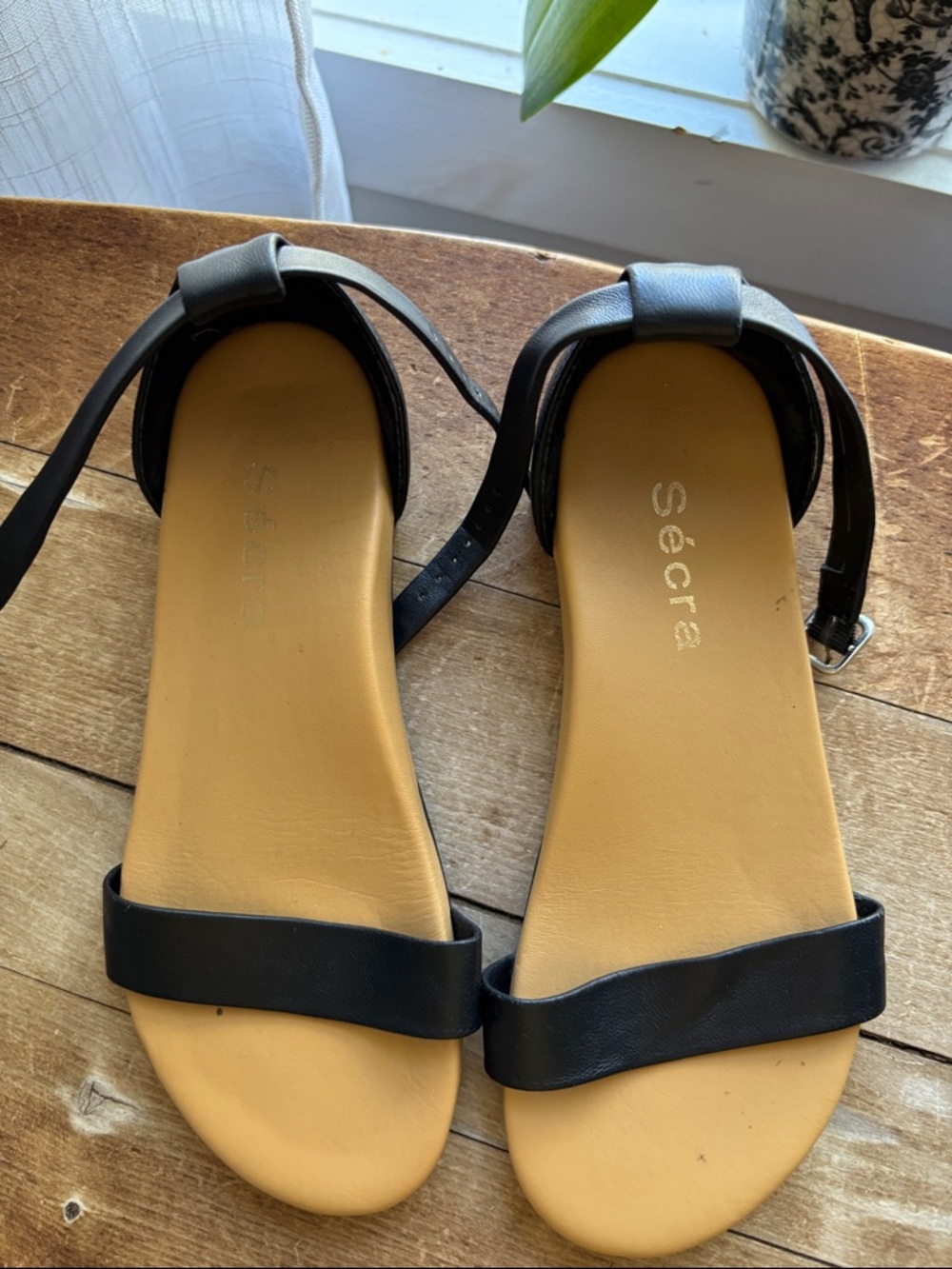 Black Ankle-Strap Flat Sandals with Tan Footbed